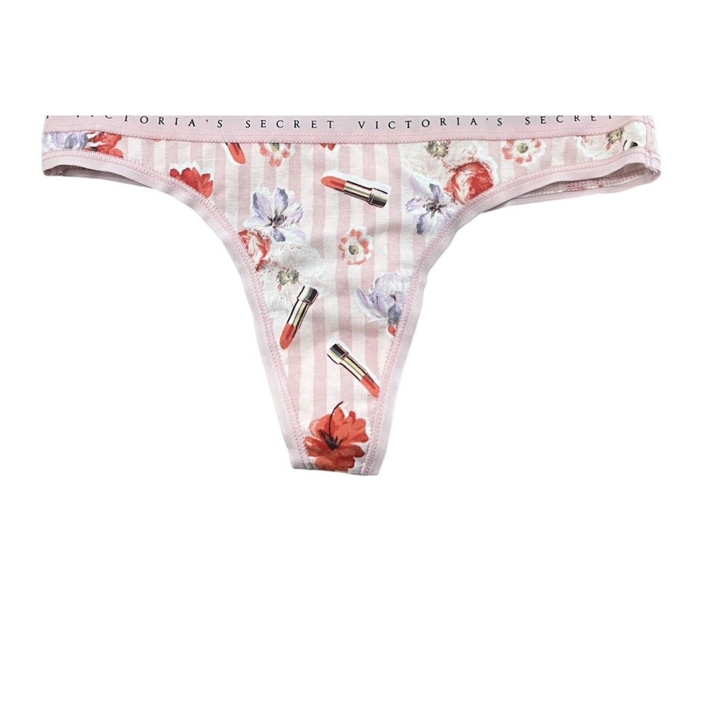 VICTORIA'S SECRET Cotton Thong Panty XS Sexy Coquette Pink Lipstick Stripe NWT